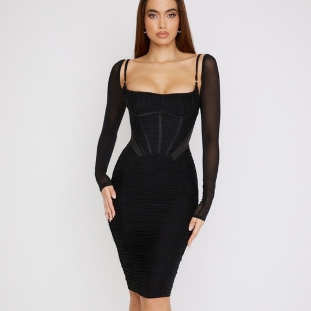 House of CB Black Long Sleeve Dress with corset and sheer sleeves size medium